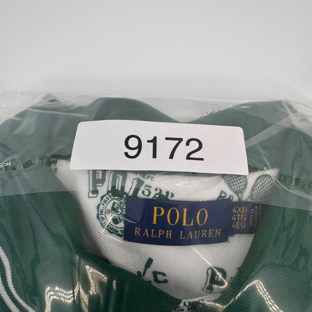 Polo Ralph Lauren Polo Shirt Men 4XB White Green All Over Tennis Print New
